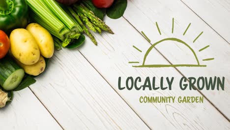 animation of locally grown community garden text in green, over fresh vegetables on white boards