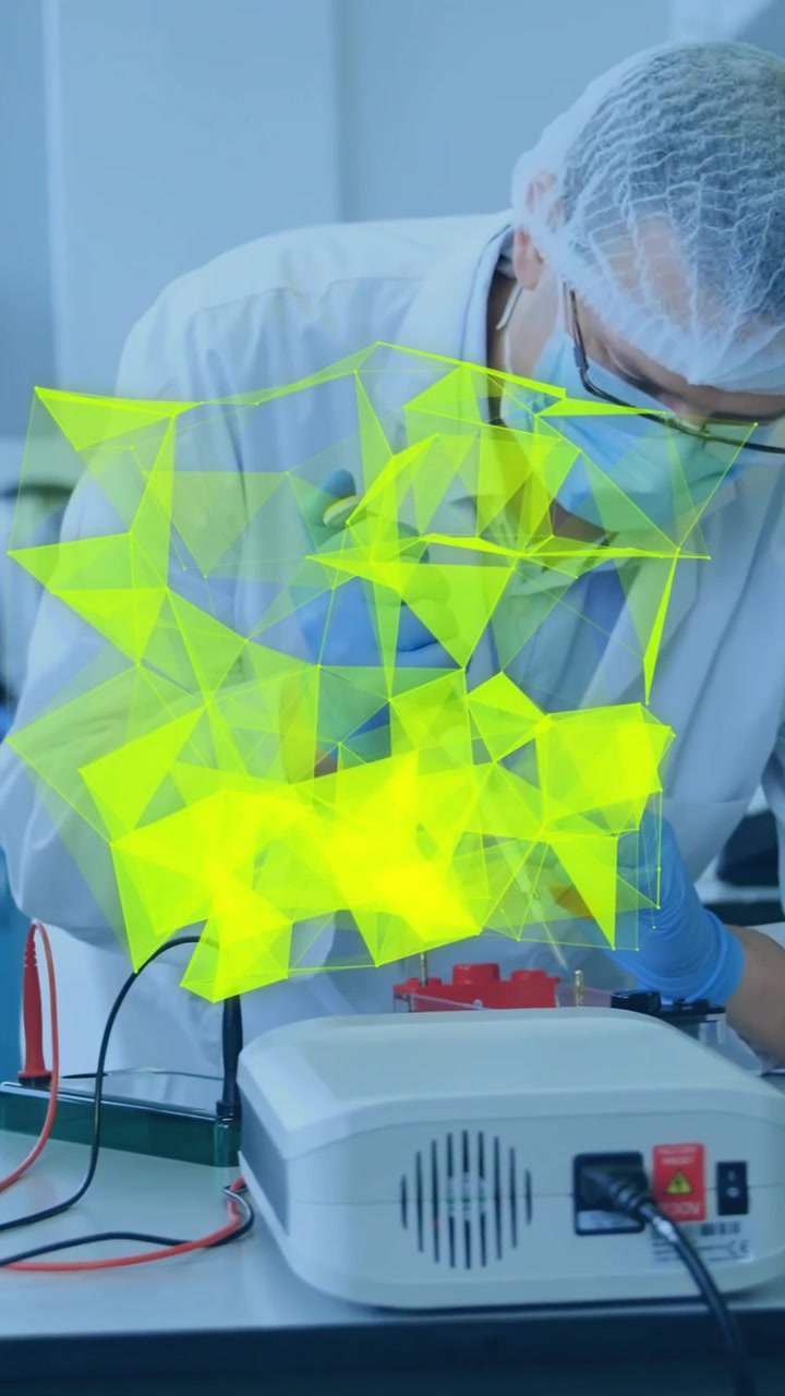 Animation of glowing light trails over diverse scientists in laboratory
