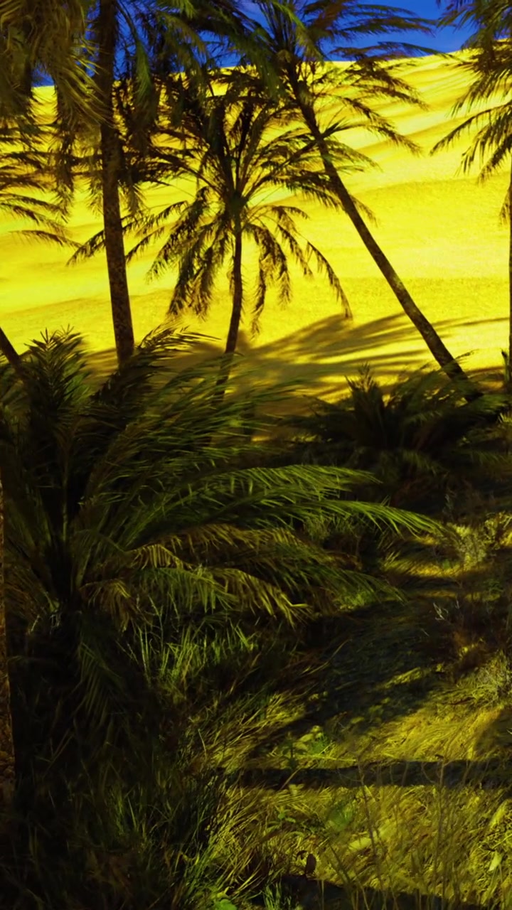 Palme e campi dorati sotto un cielo azzurro brillante in un paesaggio desertico