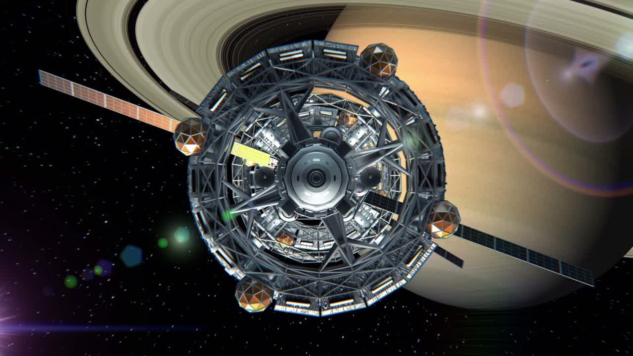 vuelo a través de la puerta de la nave espacial de ciencia ficción en el fondo de saturno, pantalla verde, animación 3d. textura del planeta fue creado en el editor gráfico sin fotos y otras imágenes.