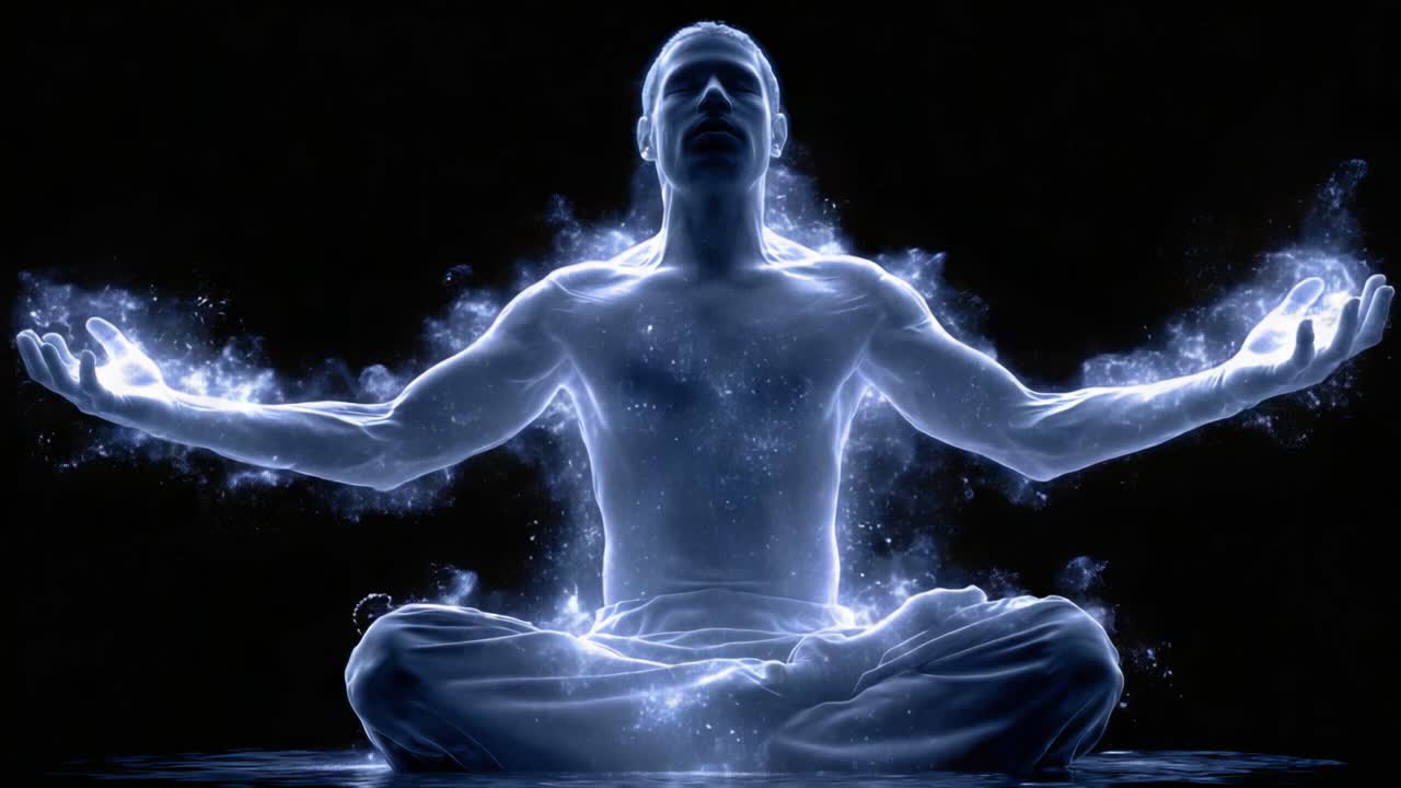 Meditazione Eterea: Un Viaggio Cosmico Attraverso Energia e Luce, Catturando l'Essenza del Risveglio Spirituale e della Consapevolezza Trascendentale in Movimento.