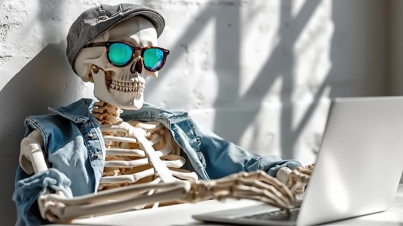 A skeleton wearing sunglasses and a hat sitting in front of a laptop
