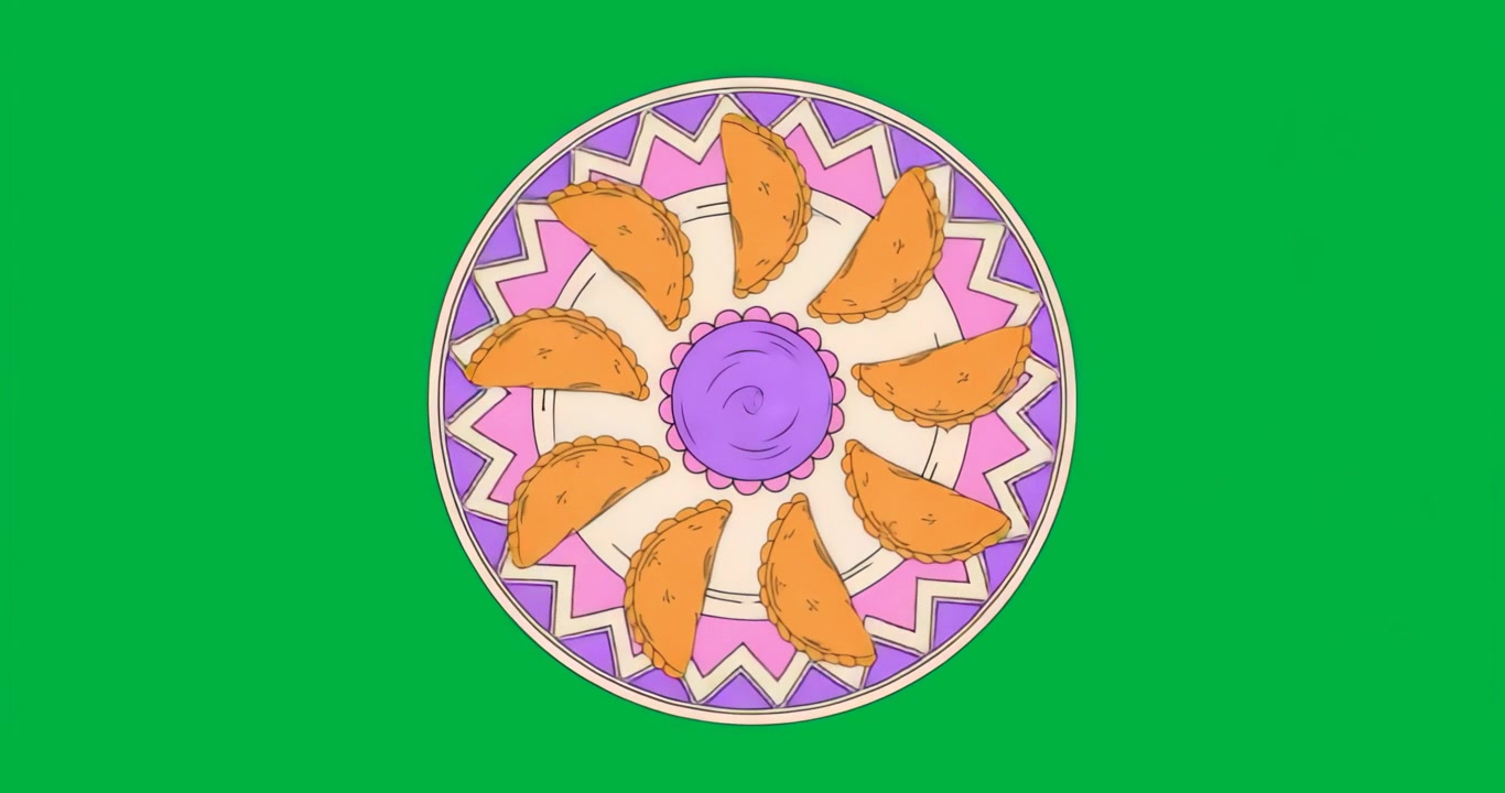 All'avvio, piatto con empanadas che ruota in senso orario mostrando un bordo a zigzag su sfondo trasparente.