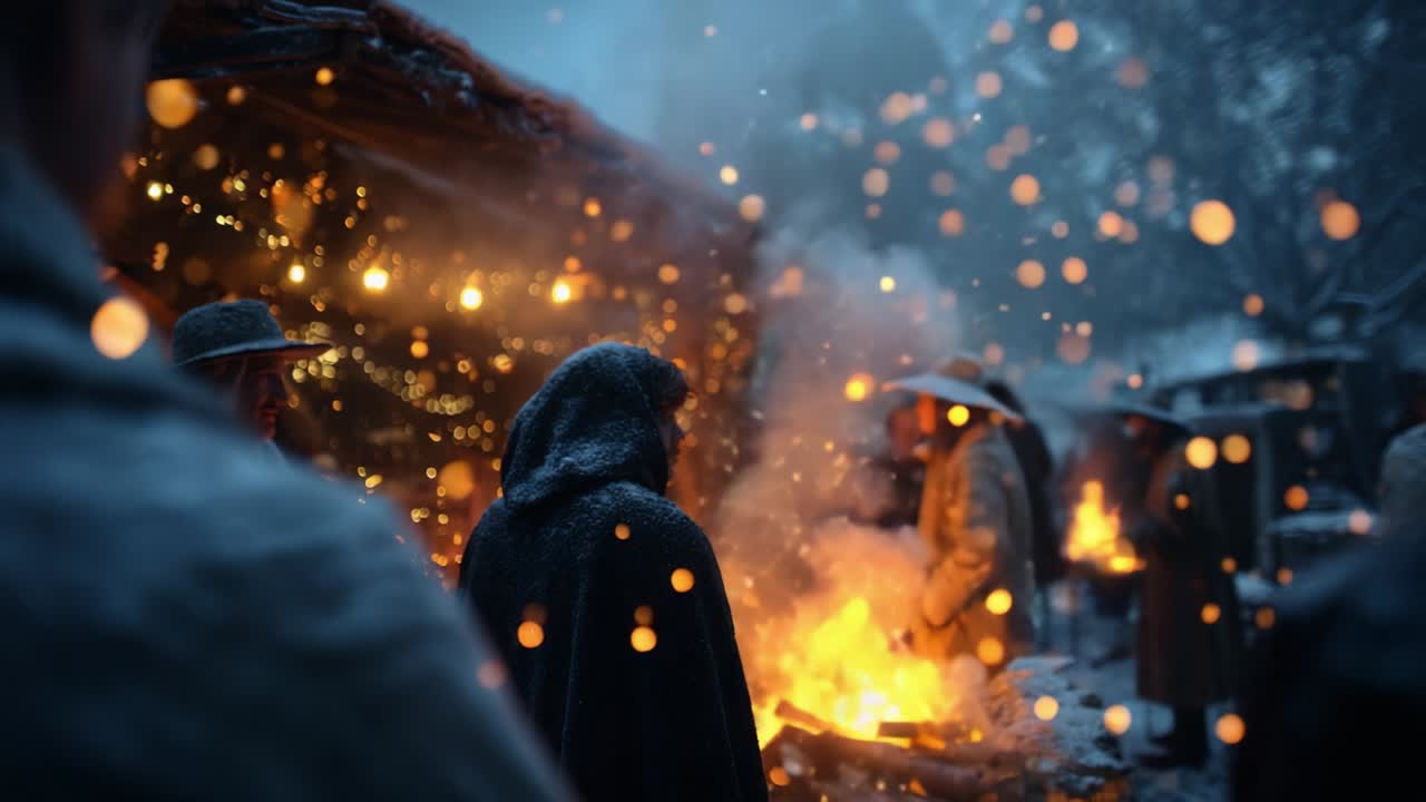 A mesmerizing winter scene showcasing a cloaked figure standing near a vibrant, crackling fire surrounded by softly glowing lights at a rustic gathering under a snowy sky