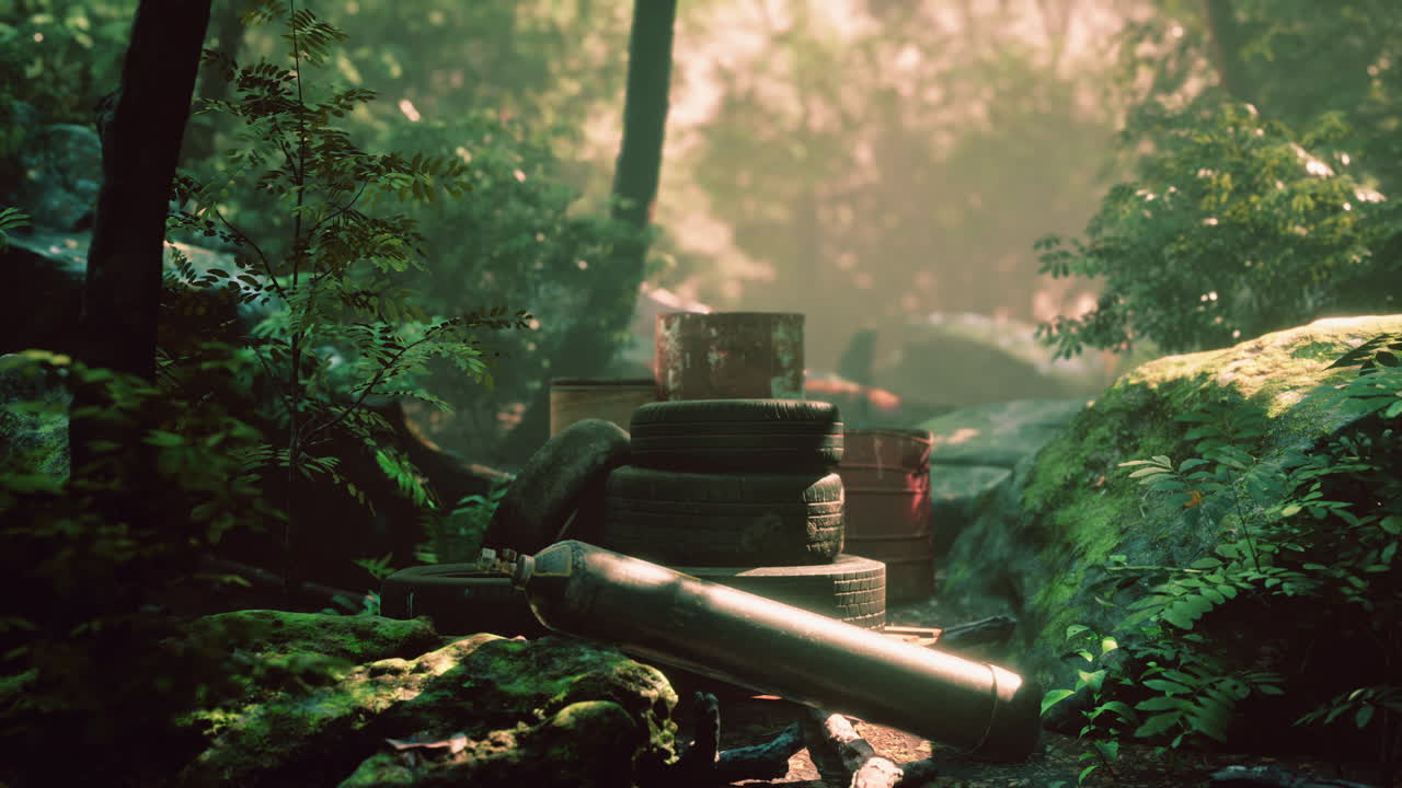 숲 속 에 버려진 자동차 타이어