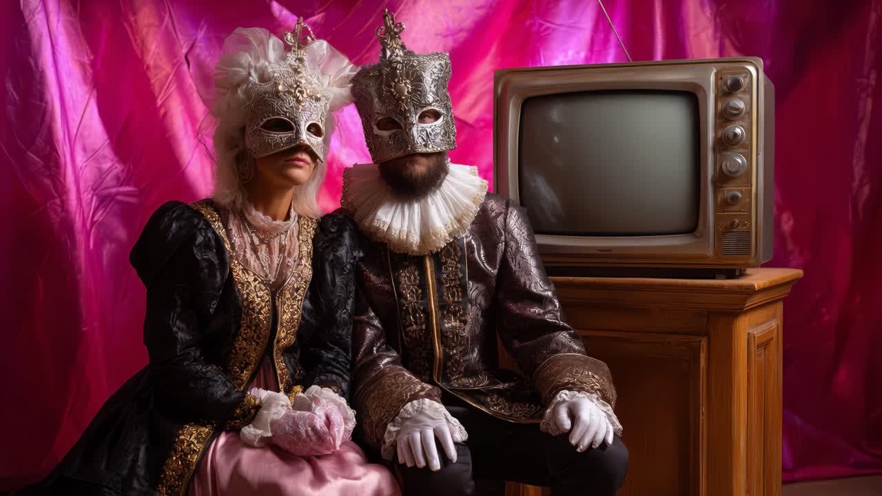 Coppia elegante mascherata in posa in abiti vintage su uno sfondo rosa vivido, con un vecchio televisore, creando un'atmosfera fantasiosa e nostalgica di grandezza.