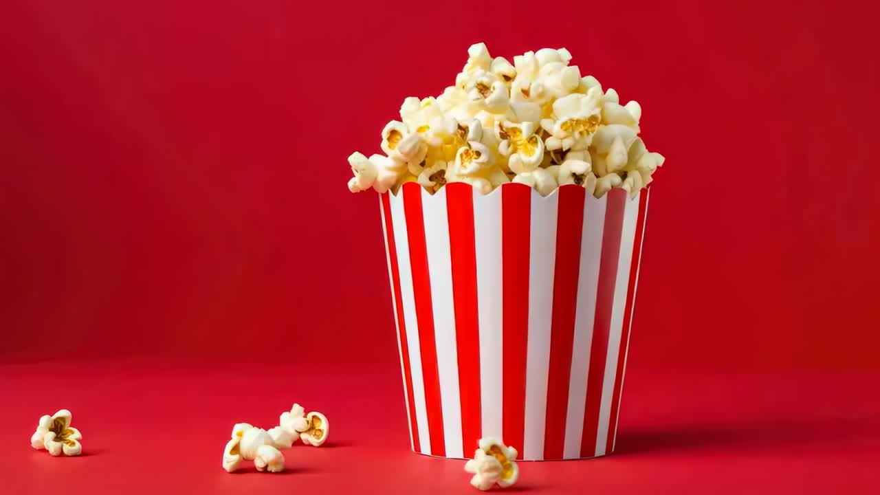 Un vivace concept video con una ripresa dal basso di un secchiello di popcorn a strisce su uno sfondo rosso