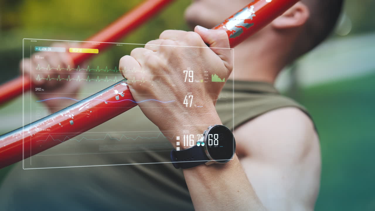 스포츠 장비에 대한 운동 남자 훈련 pull-ups 심장 박동, ecg, 활동 추적의 디지털 디스플레이와 함께