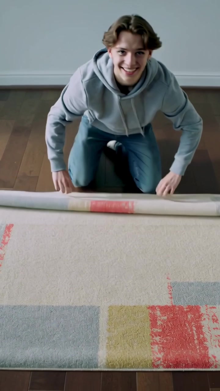 Video verticale: Uomo in felpa con cappuccio e jeans che tira e arrotola un tappeto a blocchi di colore su un pavimento in legno.
