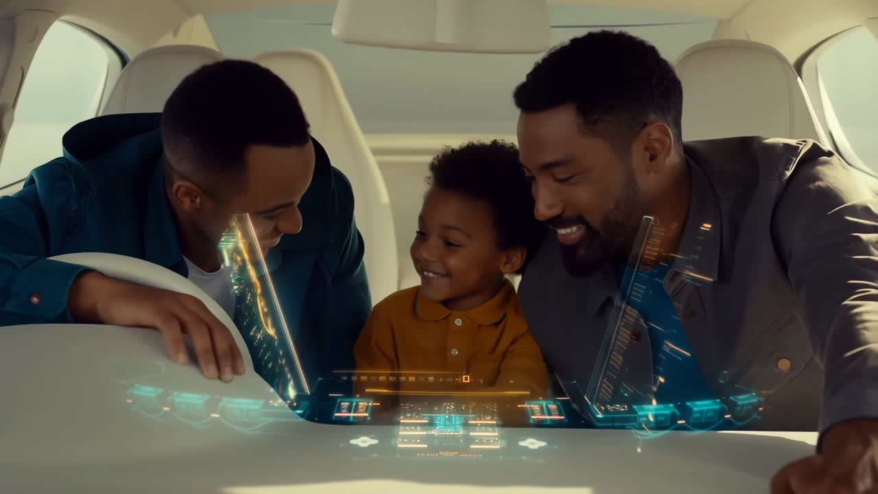 Family enjoying a futuristic car interior with holographic display