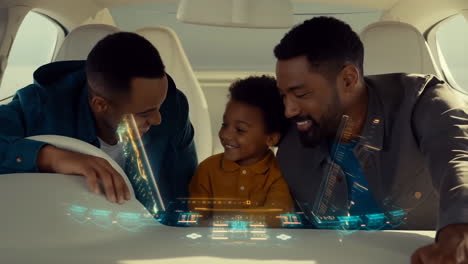 family enjoying a futuristic car interior with holographic display