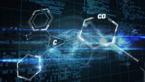 Animation-of-chemical-formulas-and-data-over-black-background