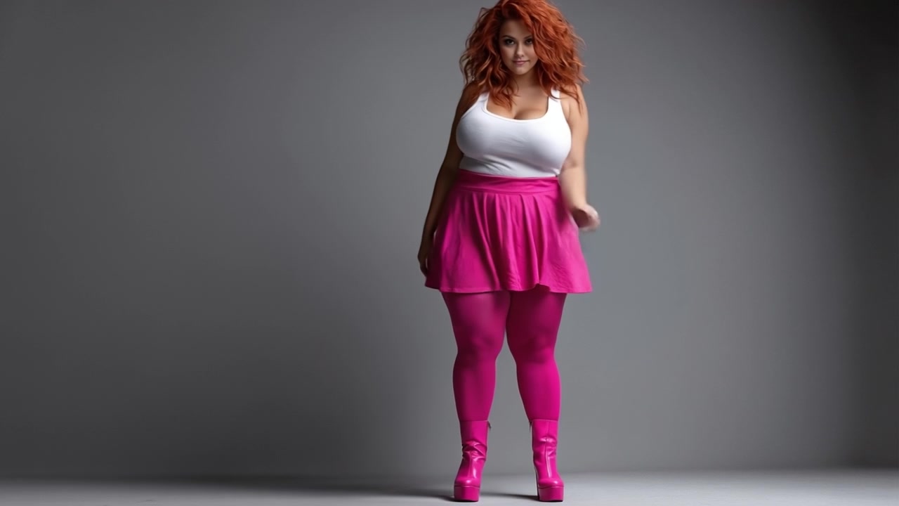 Plus size redheaded woman in vibrant pink outfit posing against a grey studio background