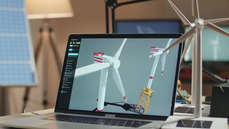 Primo piano di un laptop che mostra una turbina eolica sul tavolo accanto al pannello solare in ufficio