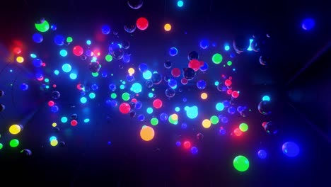 fondo de animación creativa abstracta 3d con brillo de neón esferas multicolores dentro de la cámara, paredes reflectantes. bolas luminosas vuelan dentro de la habitación oscura. orbes de luz de neón vuelan hermosamente. 1