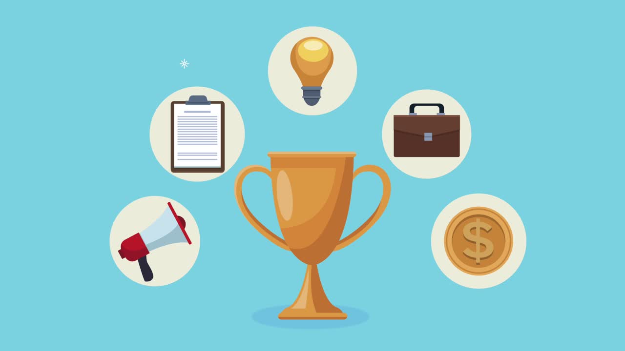 trophy cup with business icons