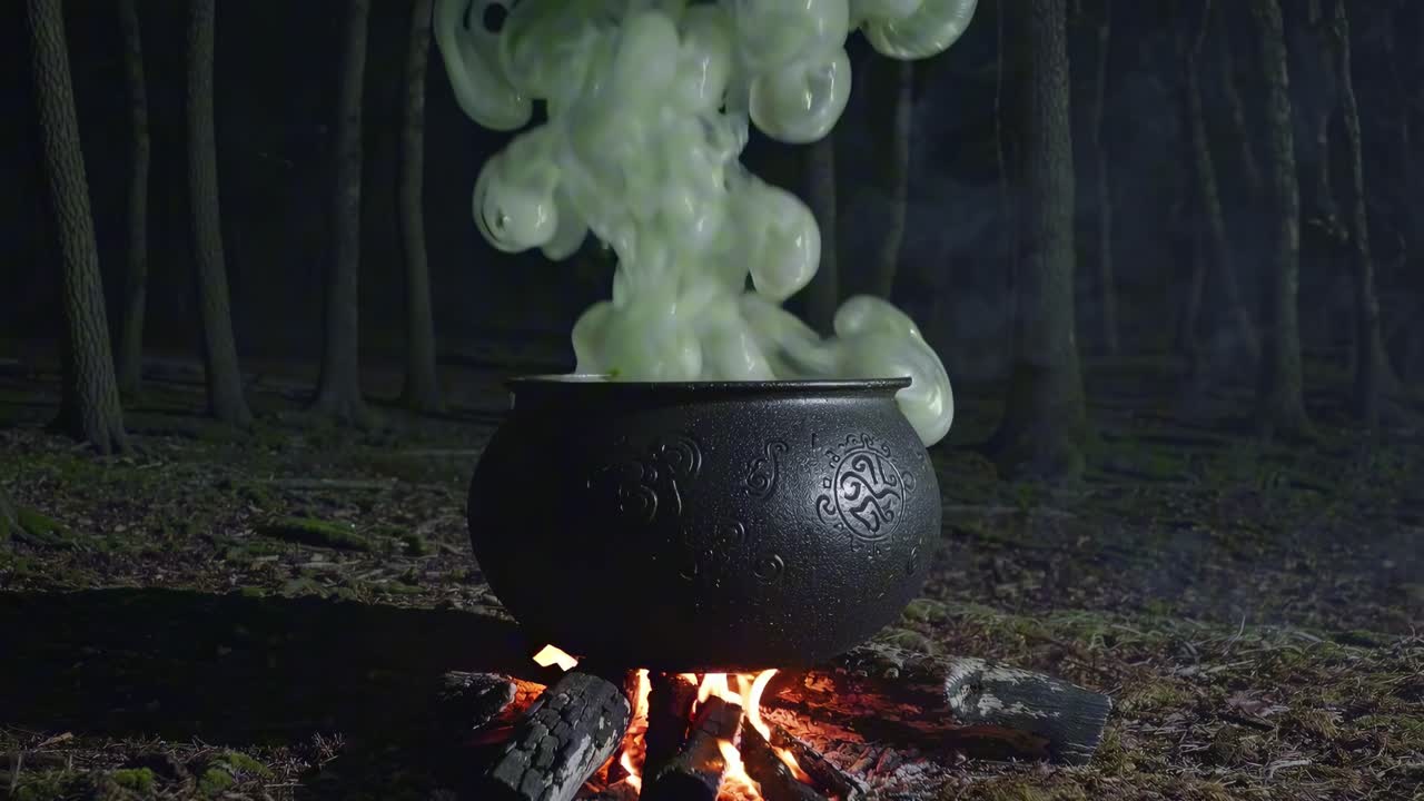 A mystical video scene of a black cauldron with green smoke, shot at eye level in a dark forest