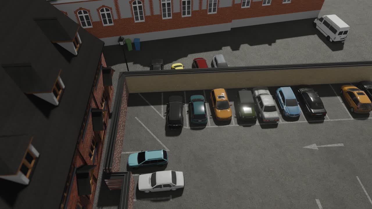 3D animation showing a zooming out view of a parking lot full of mid-2000's style cars