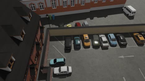 3D animation showing a zooming out view of a parking lot full of mid-2000's style cars