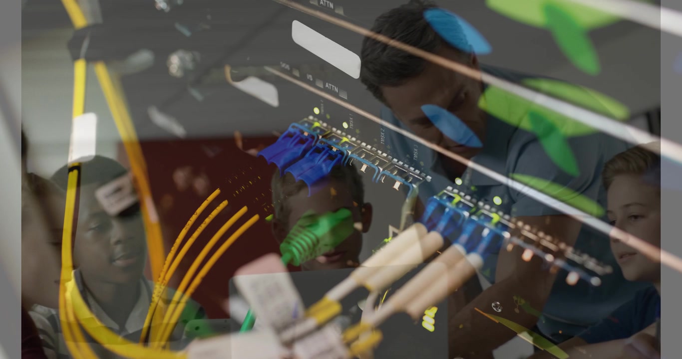 Animation of server room over caucasian male teacher with diverse schoolkids