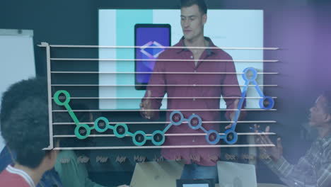 animación del procesamiento de datos estadísticos contra un hombre caucásico haciendo una presentación en la oficina