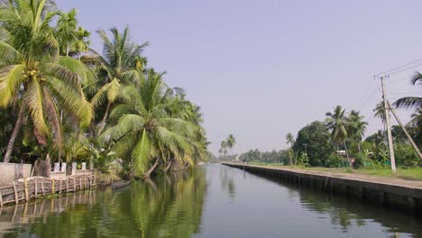 moving slowly down the kerala backwater canals with traditional fencing on one side and modern concrete path on the other in the heat of the day with palm trees