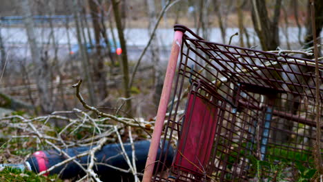 Static-shot-of-abandoned-shopping-cart-inside-forest,-cars-driving-past-on-road-in-background