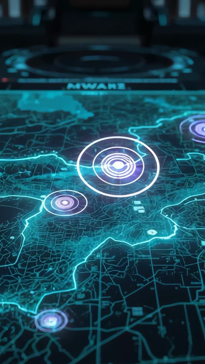 Vertical video: Materializing indicators on hologram road map sending pulses, with UI header bar