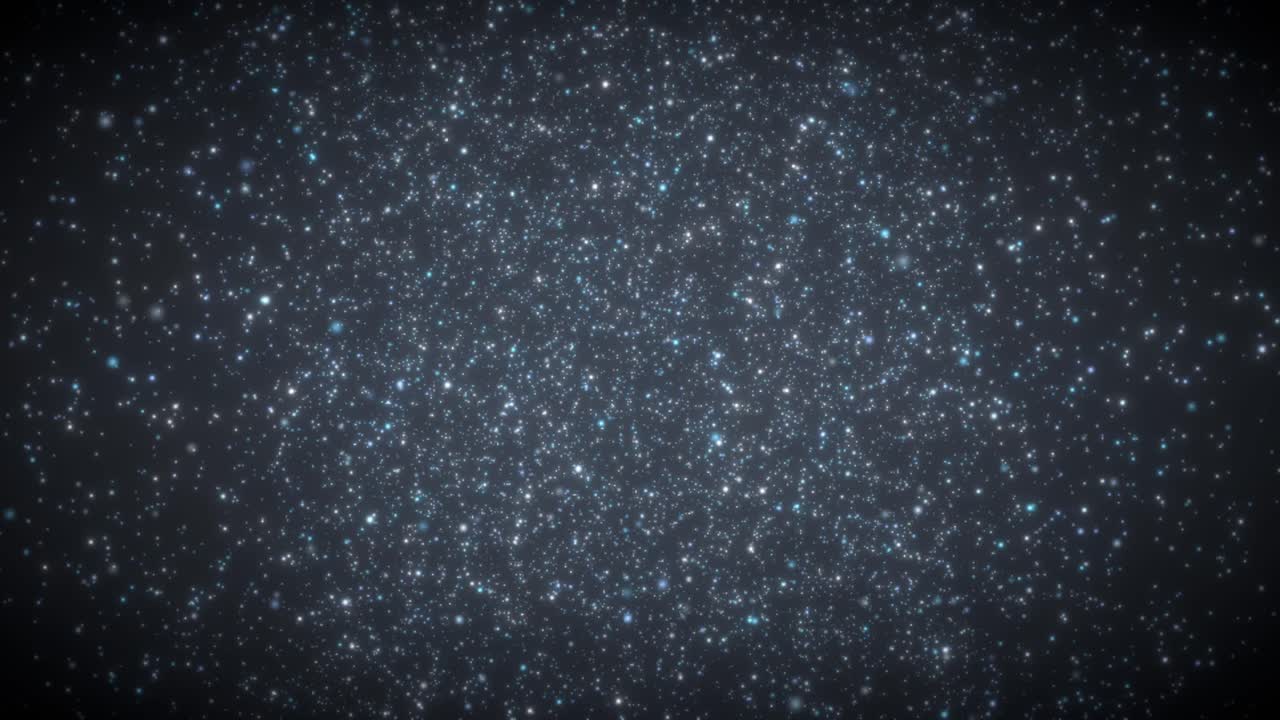 Countless glowing blue stars twinkle and drift slowly across a dark, cinematic space background