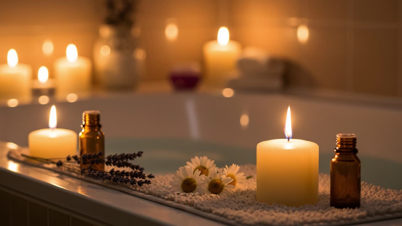 A Serene Spa Experience: Candles, Aromatherapy, and Tranquility Enhance the Relaxation of a Soothing Bath, Creating a Perfect Atmosphere for Self-Care and Rejuvenation