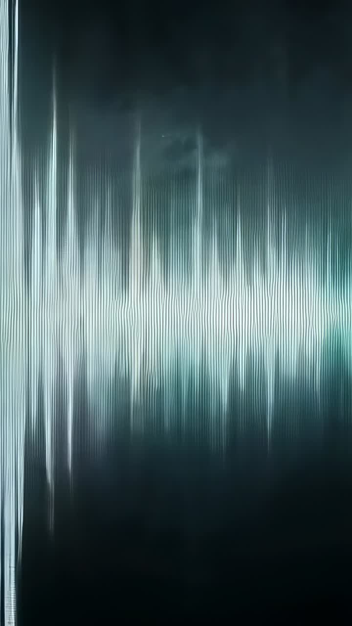 Vertical video: Pulsing audio waveform responding to beat, forming cyan streaks on smoky backdrop
