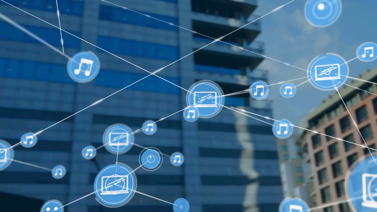 デジタルアイコンのネットワークが背後にある高層ビルを背景に