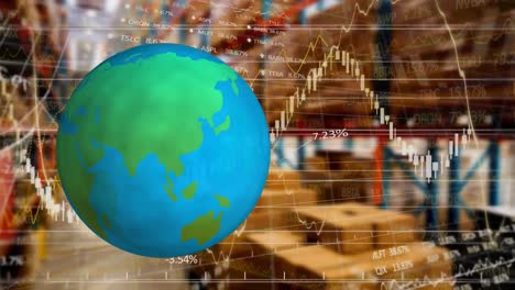 animation of globe and financial data processing over warehouse