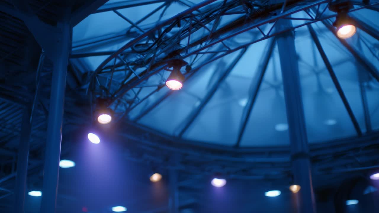 Illuminated Structure with Suspended Lighting and Blue Ambient Atmosphere Captured in a Dimly Lit Space Designed for Events and Gatherings