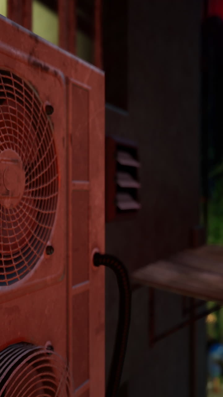Air conditioning unit overlooking neon lit street at night with trees