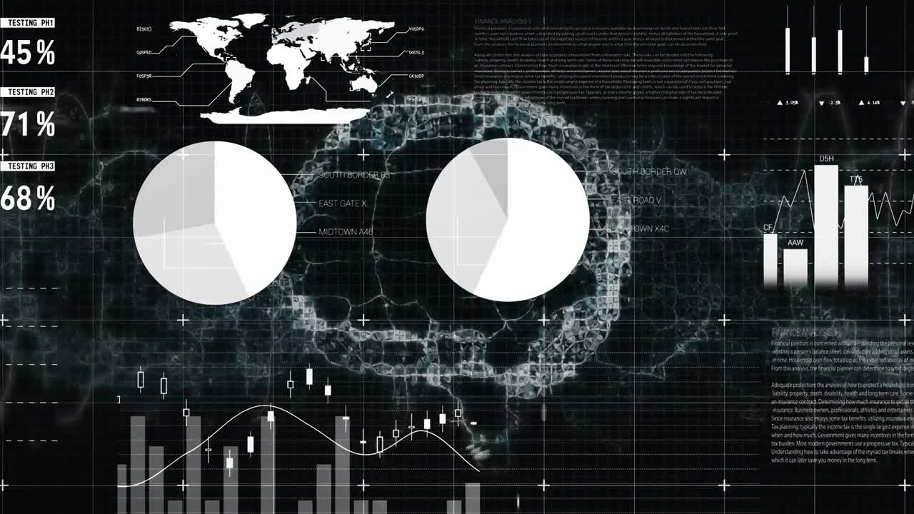Animation of statistical data processing over human brain spinning against black background