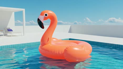 a bright orange flamingo pool float basking under a clear blue sky, perfect for relaxation and summer fun in the water