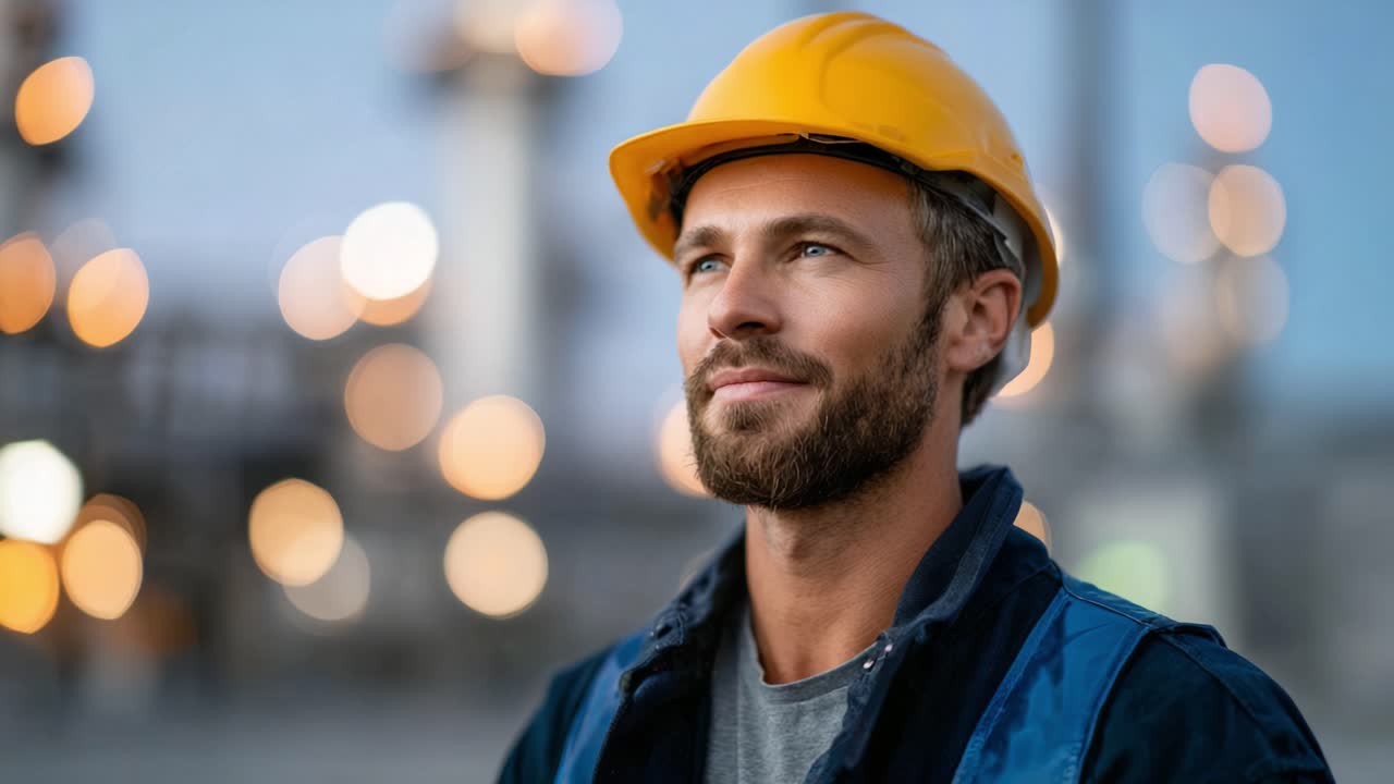 A determined construction worker with a yellow hard hat gazes thoughtfully into the distance amidst a blurred industrial backdrop, embodying focus and resilience