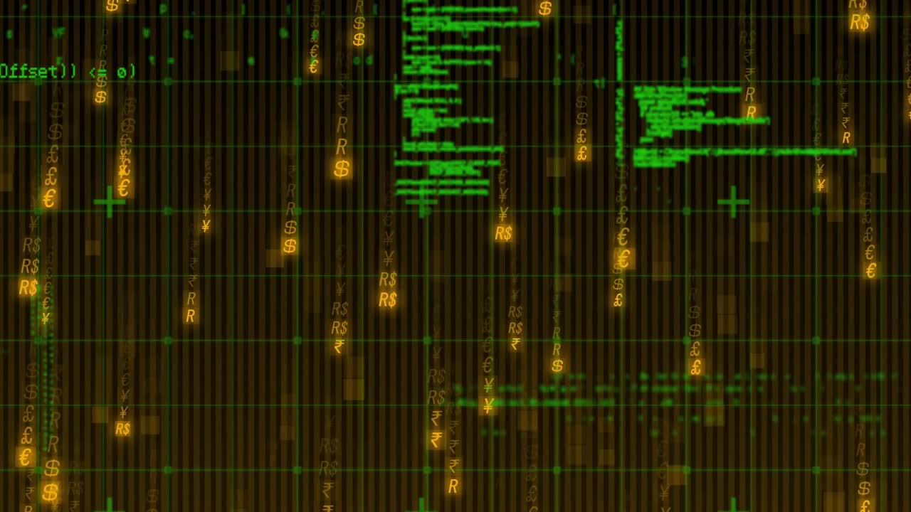 Dark brown grid spawning green code clusters and raining gold symbols visualizing data flow