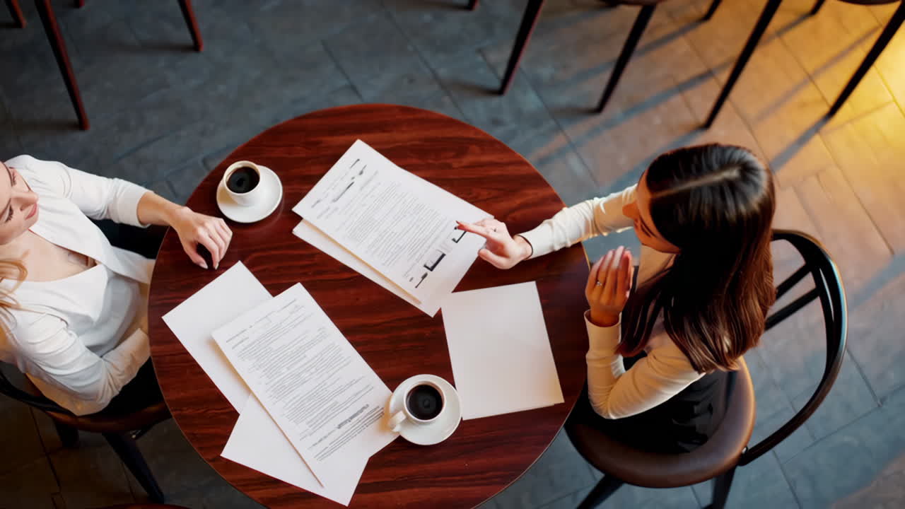 Vista dall'alto di due persone che discutono documenti a un tavolo con caffè