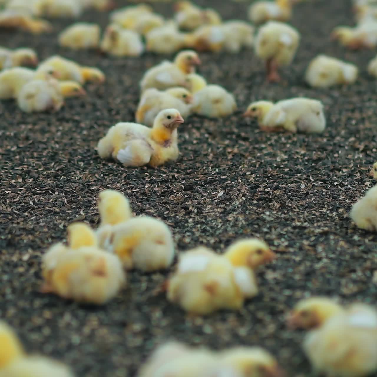 Viele junge Küken verbringen Zeit miteinander auf dem Bauernhof. Indoor-Hühnerfarm, Konzept der Hühnerfütterung
