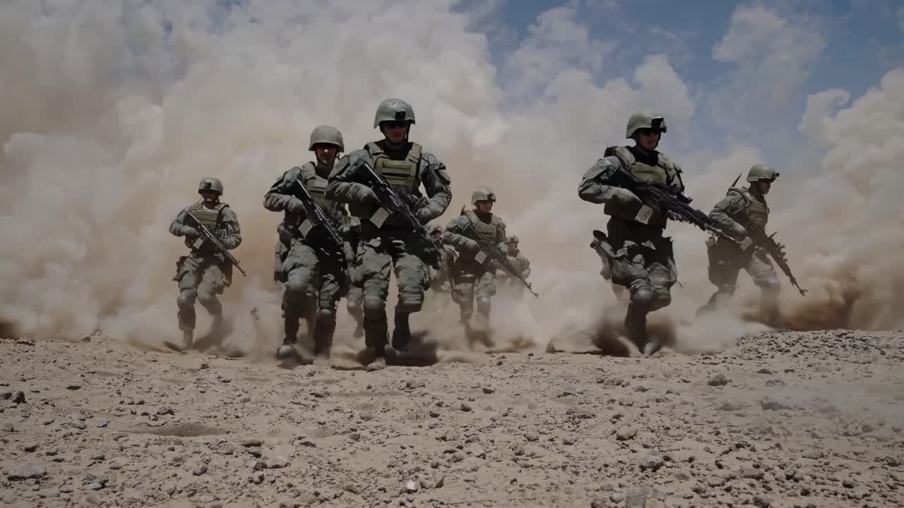 Low-angle video shot of soldiers running through a dusty battlefield