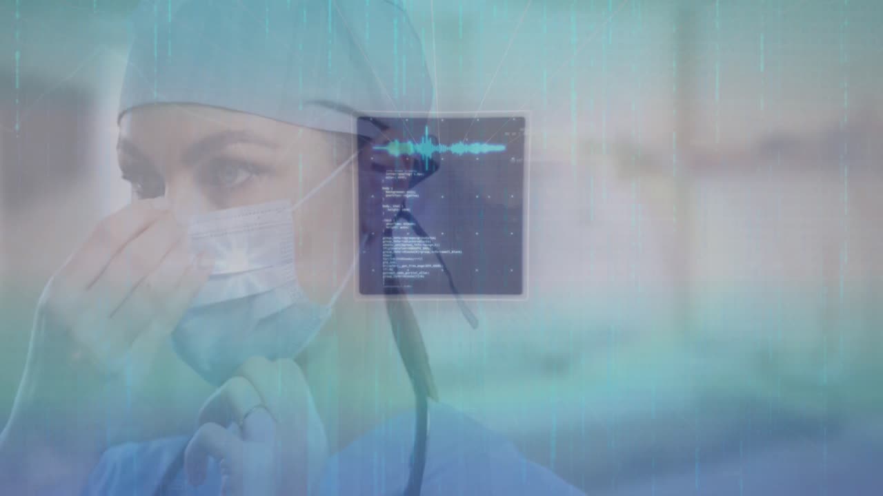 Animation of digital screen with data over caucasian female surgeon
