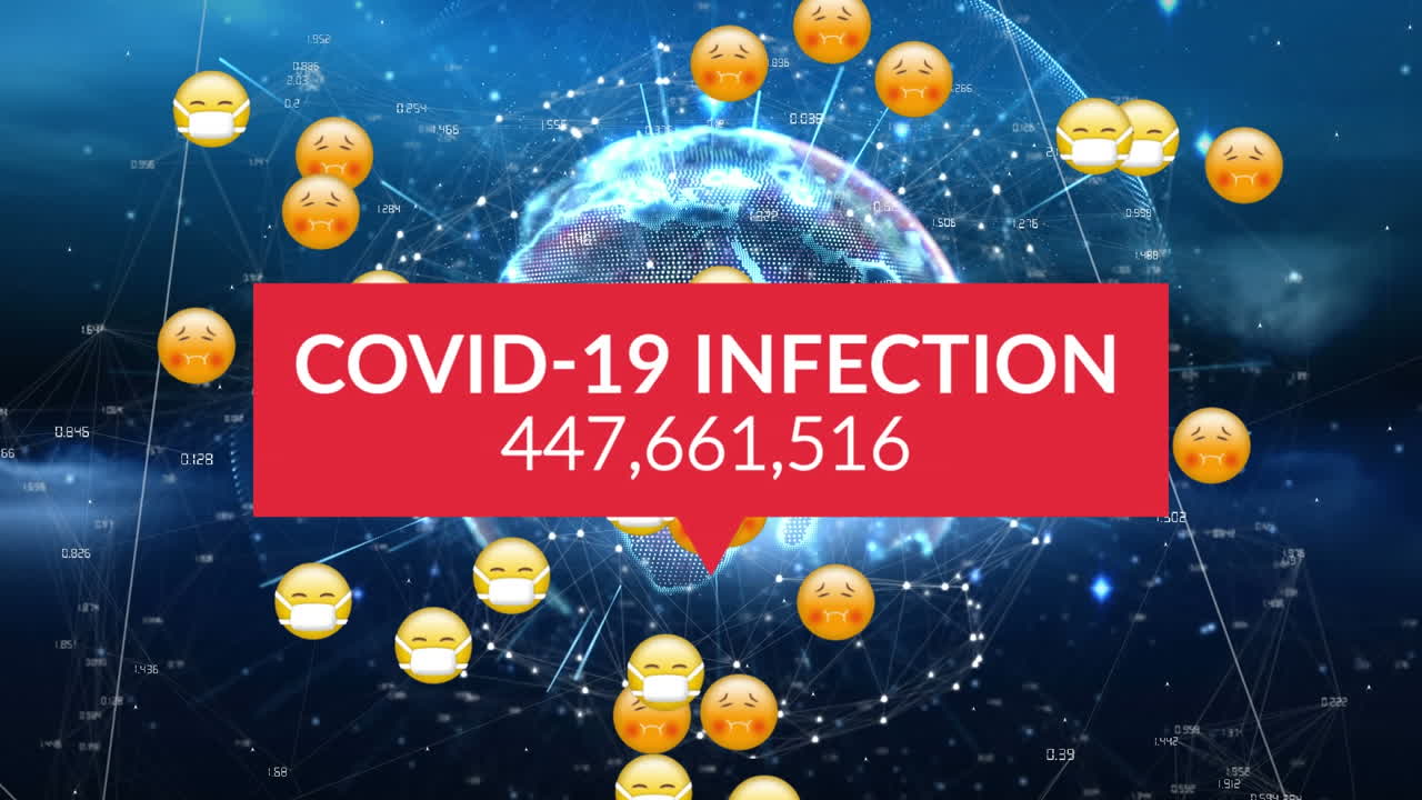 코로나 19 데이터 처리의 애니메이션은 얼굴 마스크와 함께 여러 병자 이모티콘을 통해 처리됩니다.