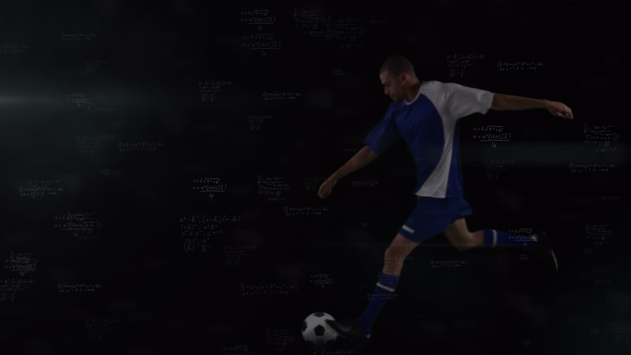 Animation of mathematical equations over biracial male soccer player kicking the ball