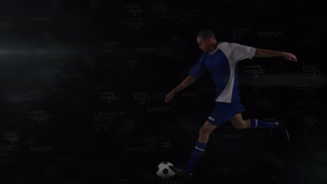 animation of mathematical equations over biracial male soccer player kicking the ball