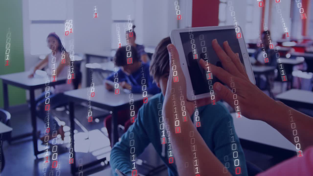 Teacher showing tablet to pupil at desk, tapping while tablet causing binary overlay for learning