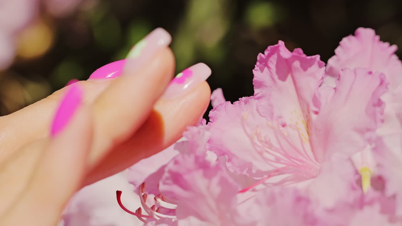 Slow motion close up of pink manicure fingers touching flower petals in sun