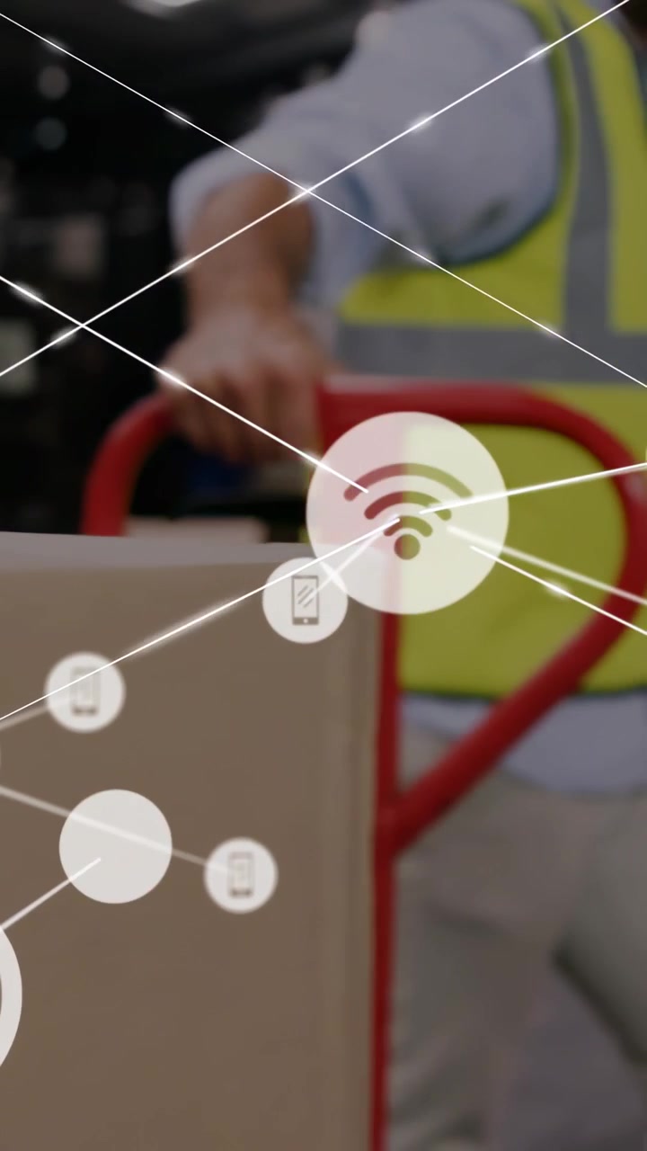 Vertical video: Icon popping over box, worker lifting and moving on truck, network overlay tracking