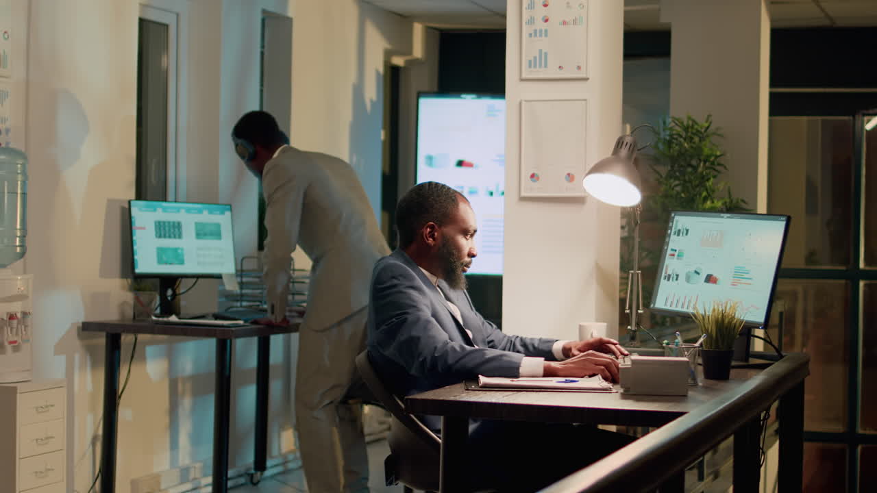 A corporate office setting with business people working